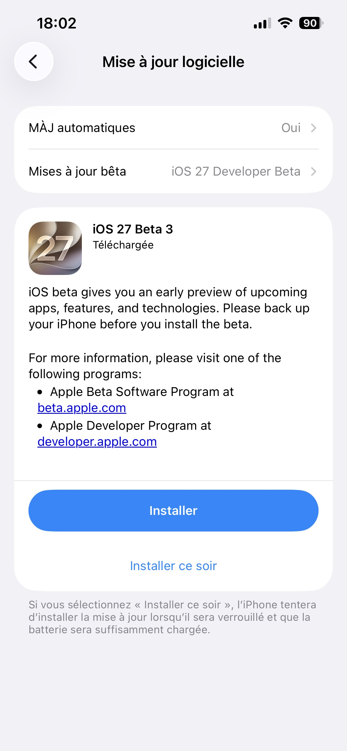iOS 27 Beta 3 telechargee avant installation