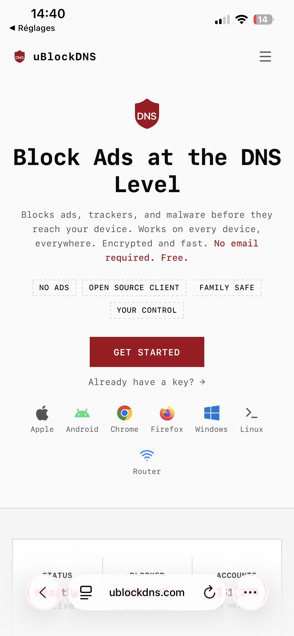 Page d’accueil uBlockDNS sur iPhone