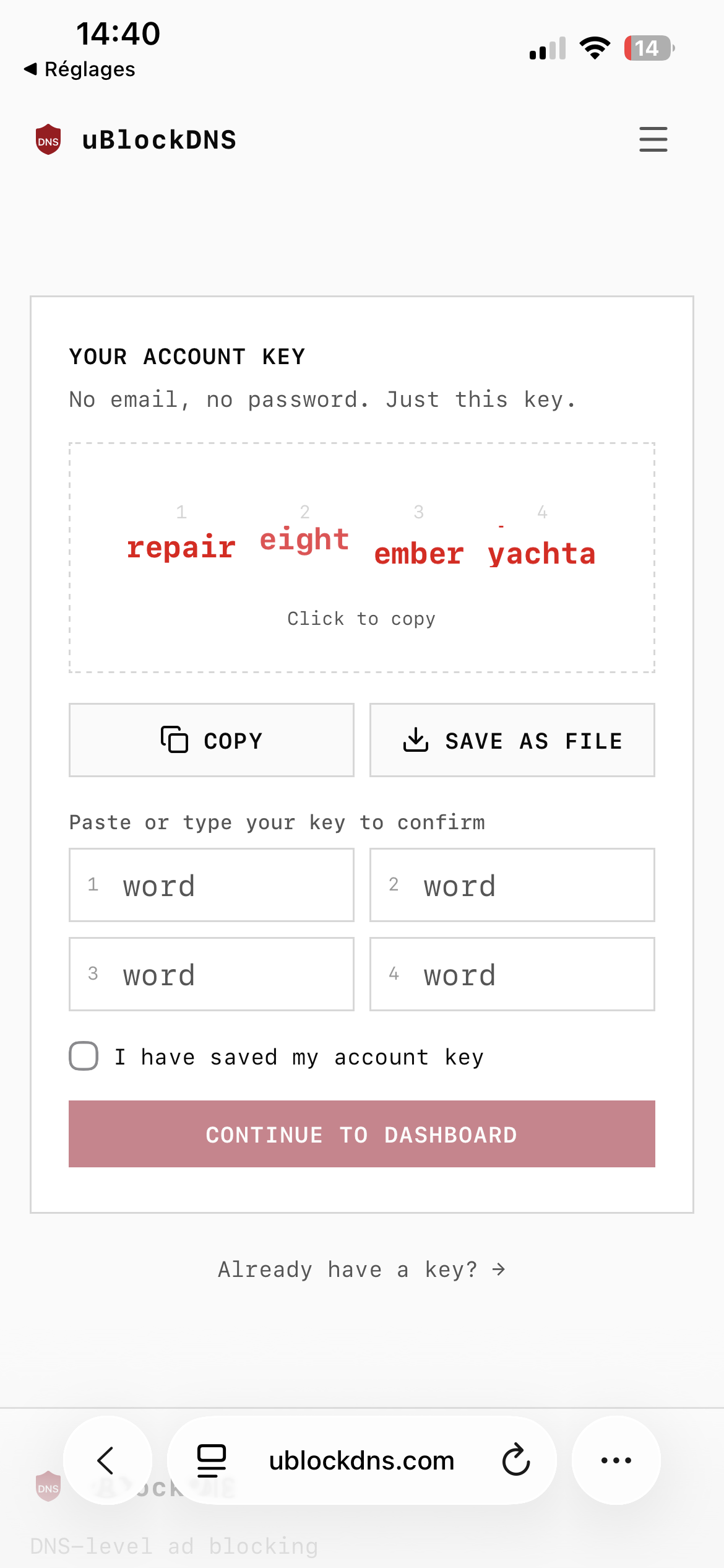 Clé de compte uBlockDNS générée
