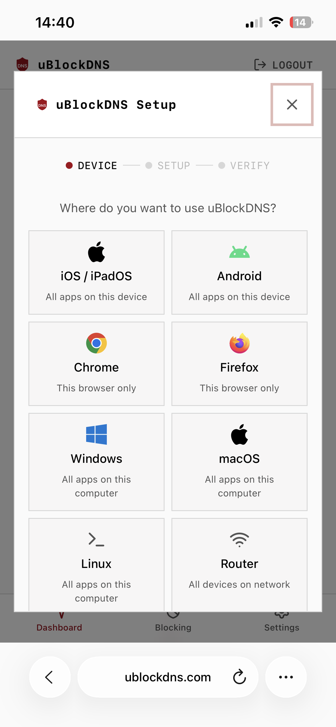 Choix iOS et iPadOS dans l’assistant uBlockDNS