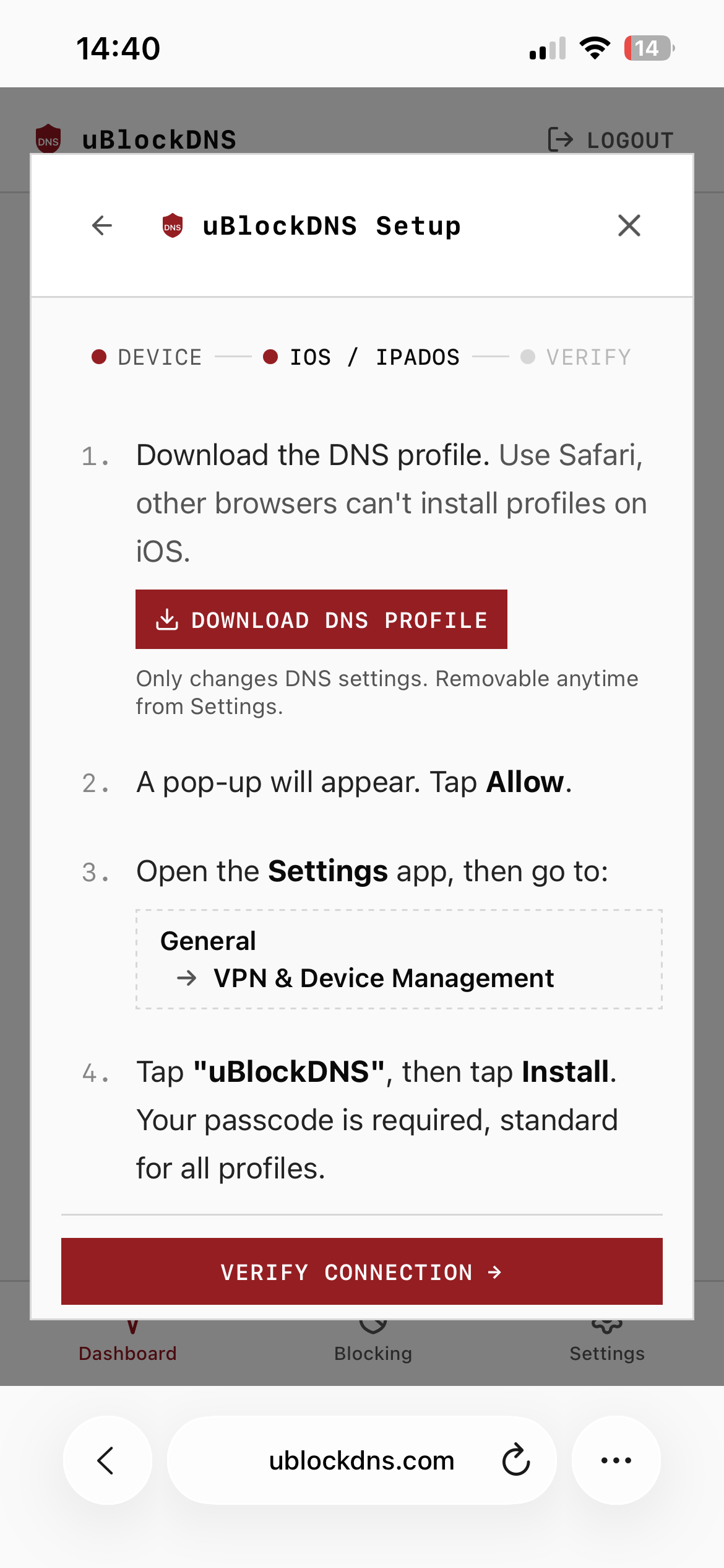 Instructions de téléchargement du profil DNS uBlockDNS pour iOS