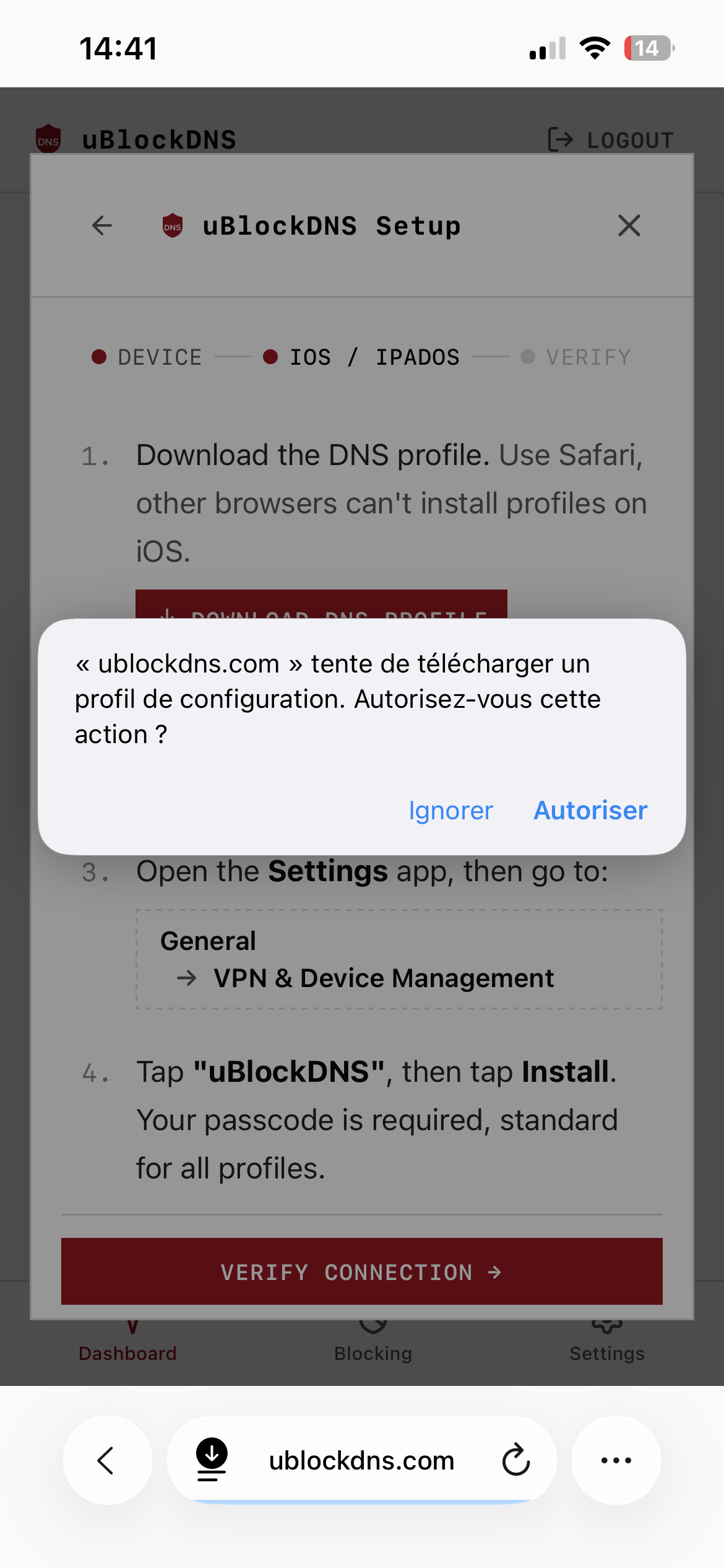Autorisation de téléchargement du profil de configuration sur iPhone