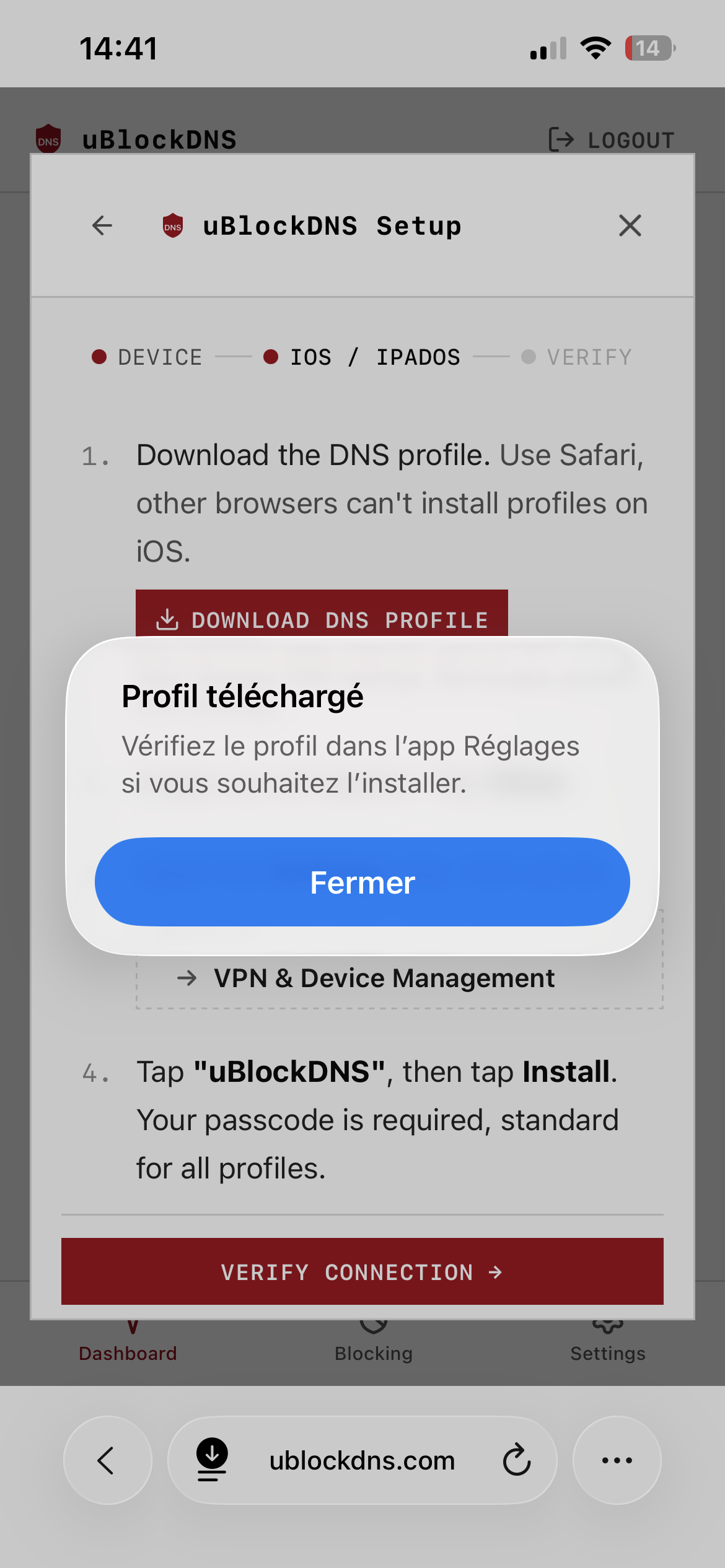 Profil uBlockDNS téléchargé sur iPhone