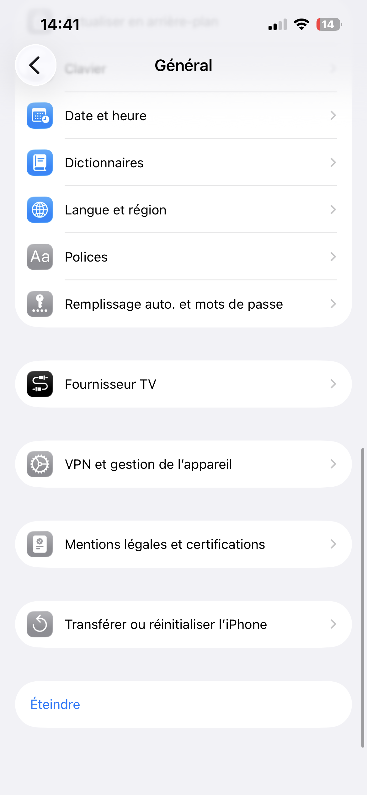 Menu Général des Réglages iOS avec VPN et gestion de l’appareil