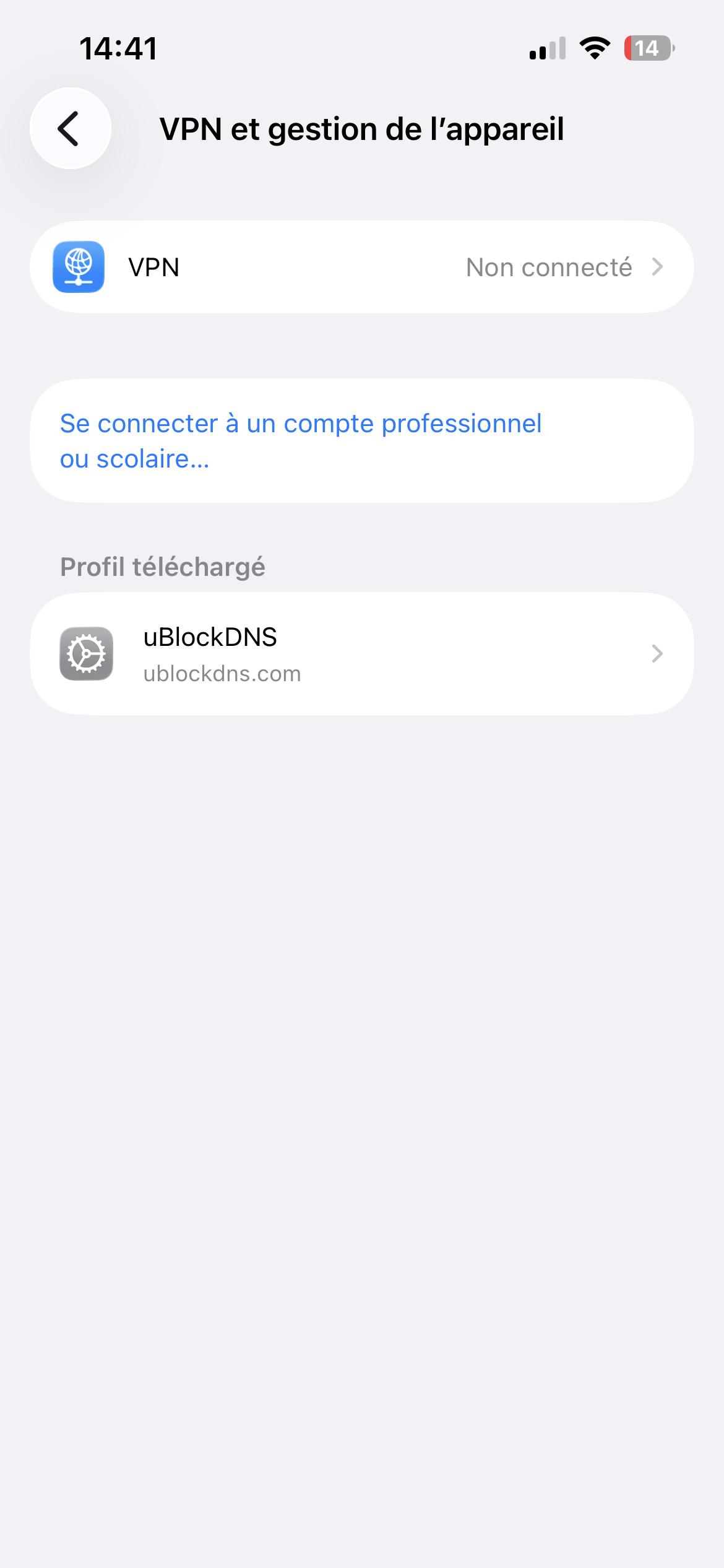 Profil uBlockDNS téléchargé dans VPN et gestion de l’appareil