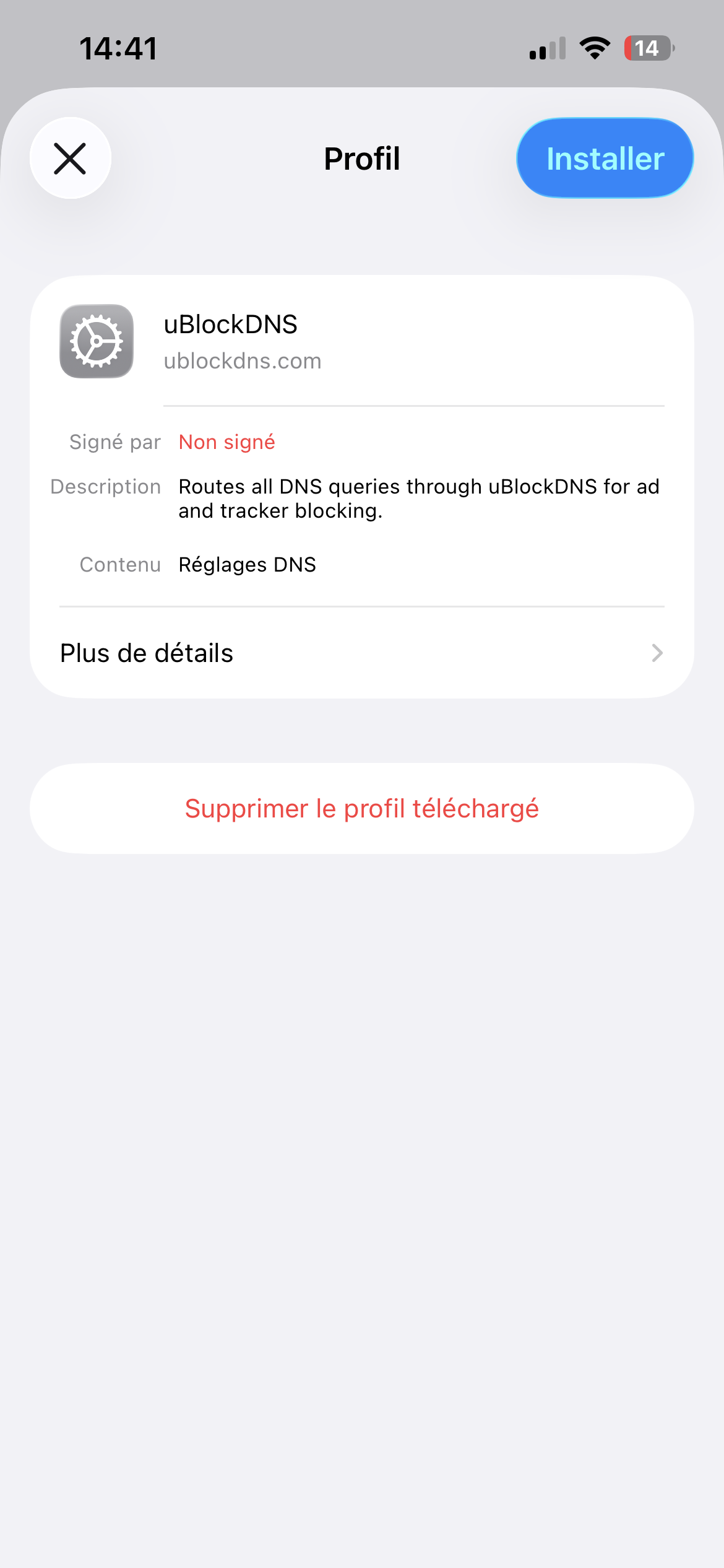 Écran d’installation du profil uBlockDNS sur iOS