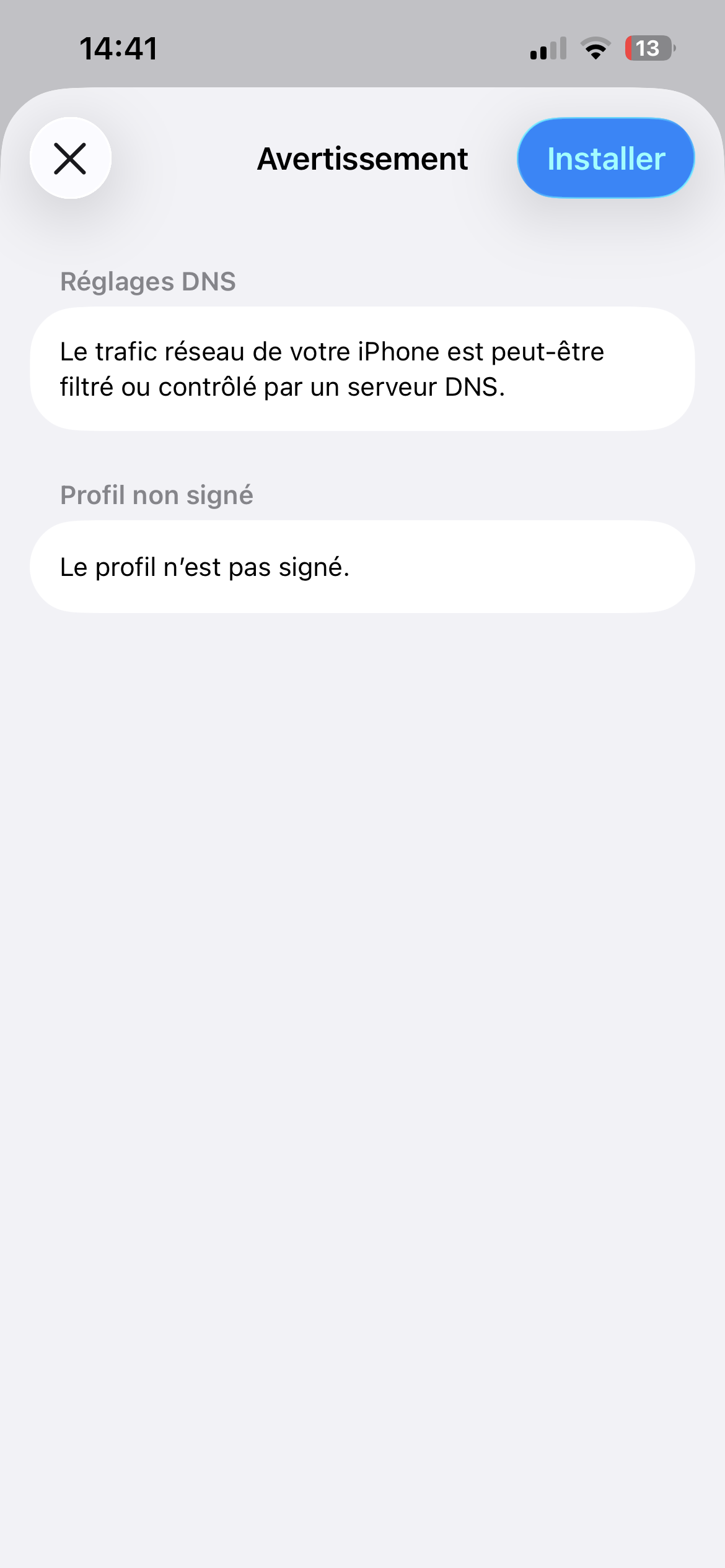 Avertissement iOS avant installation du profil DNS