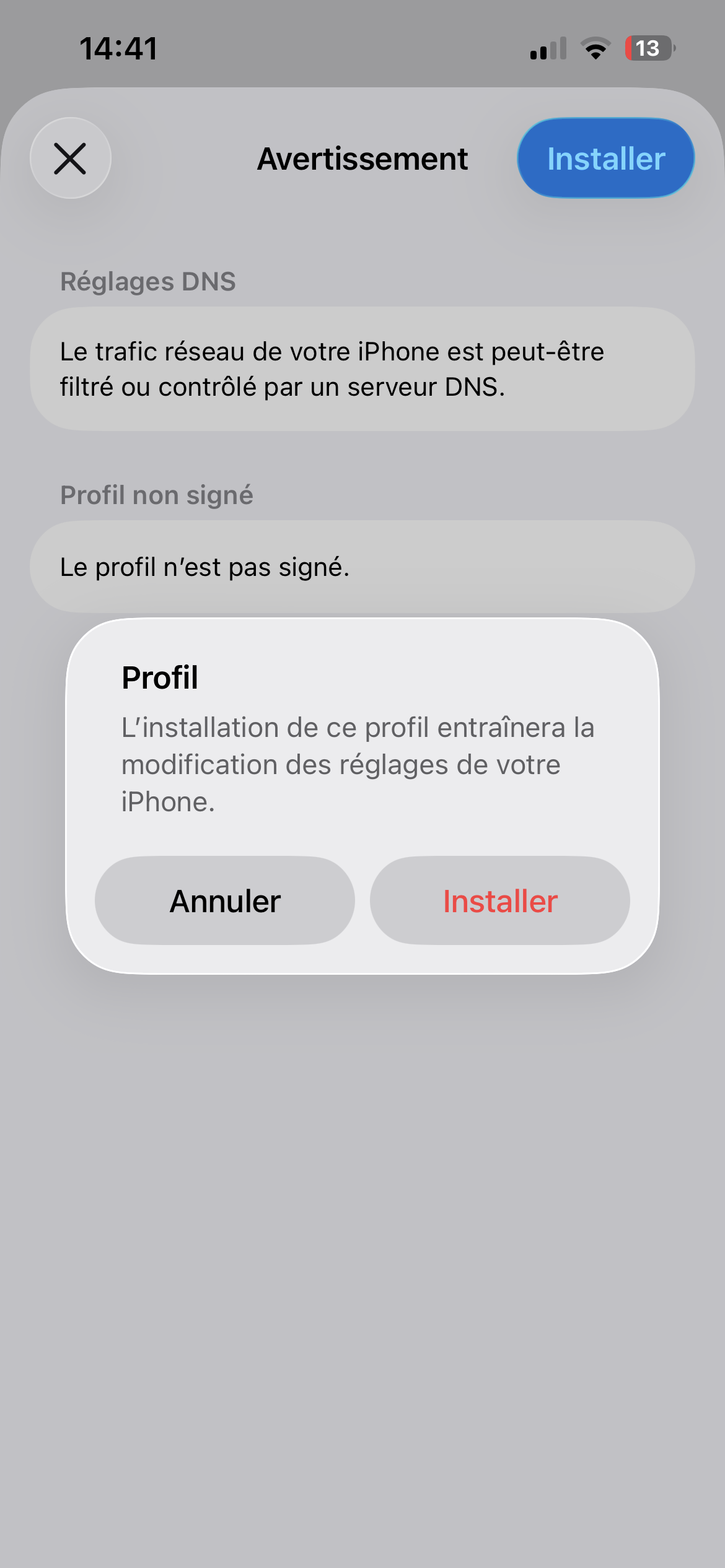 Confirmation d’installation du profil DNS sur iPhone
