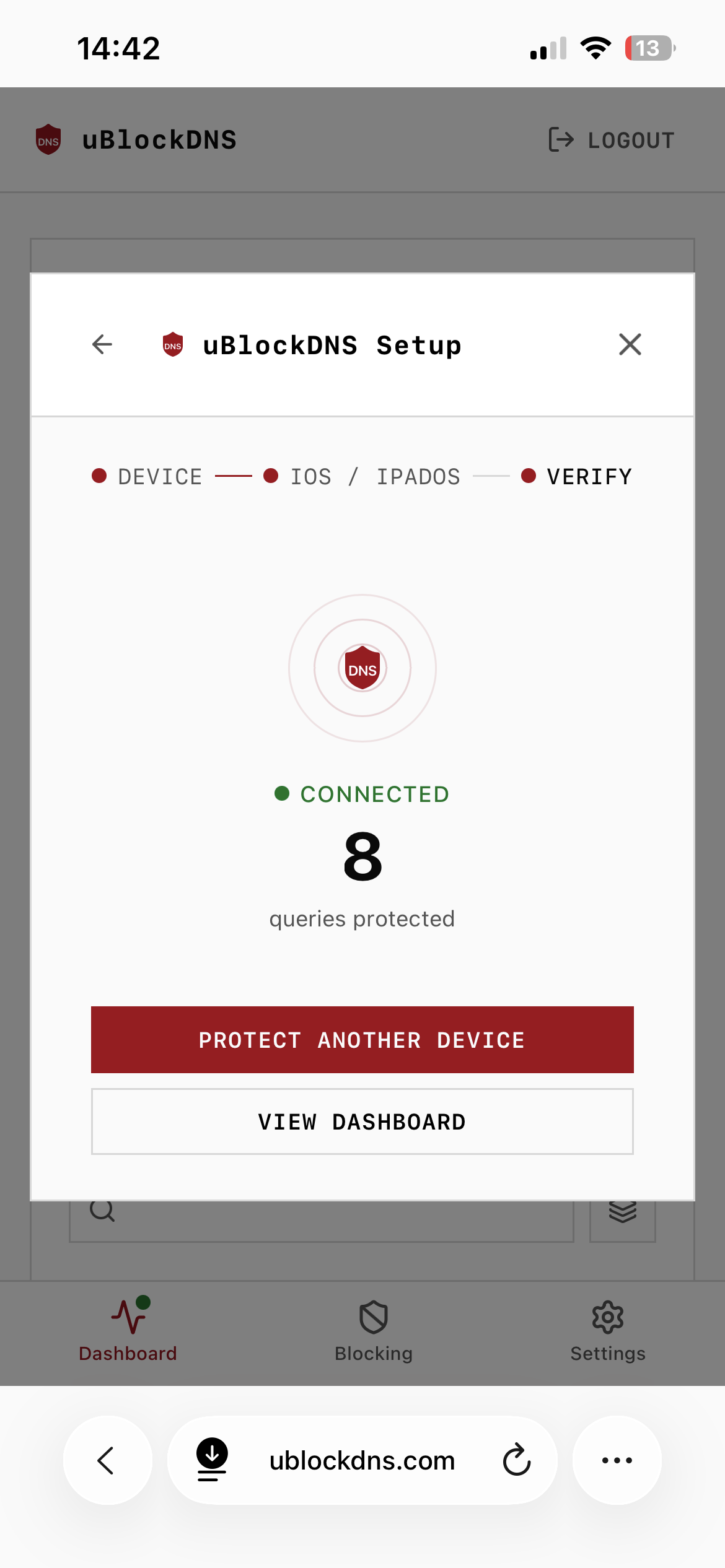 Connexion uBlockDNS vérifiée sur iPhone